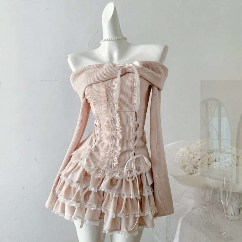 Skirt Pure Desire Style Sweet Bow Off-shoulder Long Sleeve Top Cake Short Skirt Girl Two-piece Set