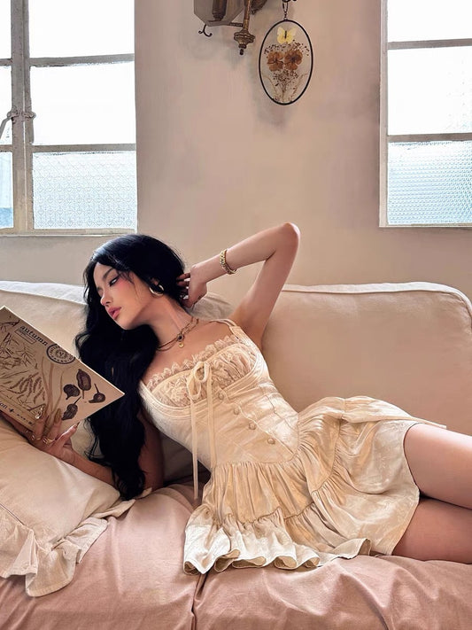 Apricot Sling Mini Dress – Summer Floral Style