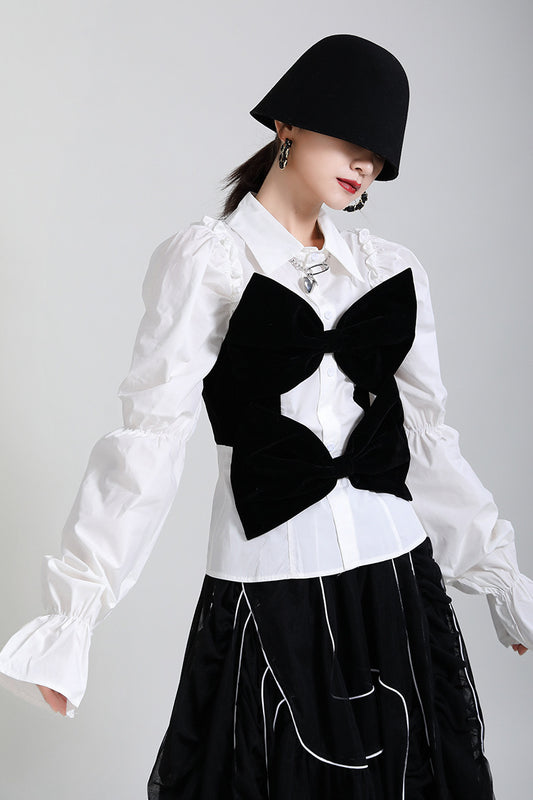 Wooden Ear Stitching Velvet Bow Shirt Women'S Spring And Summer Design Puff Sleeve Age Reducing Blouse