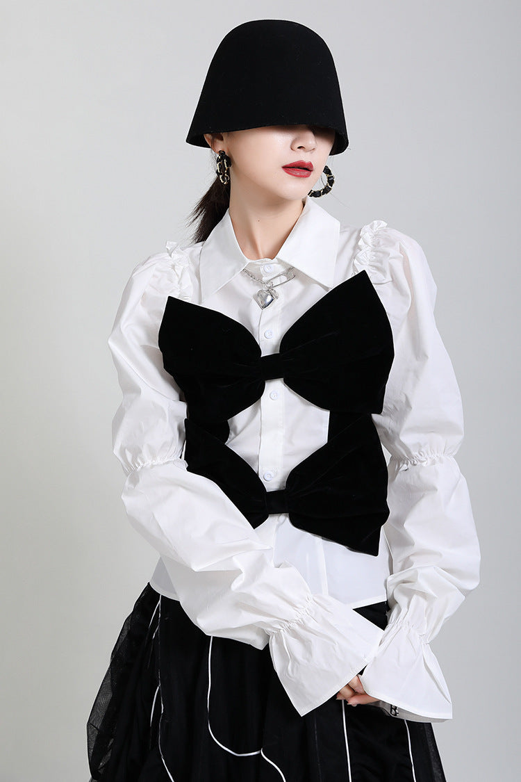 Wooden Ear Stitching Velvet Bow Shirt Women'S Spring And Summer Design Puff Sleeve Age Reducing Blouse