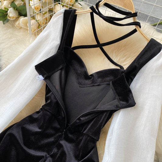 Puff Sleeves Contrast Stitching Scheming Hanging Neck Velvet Mini Dress