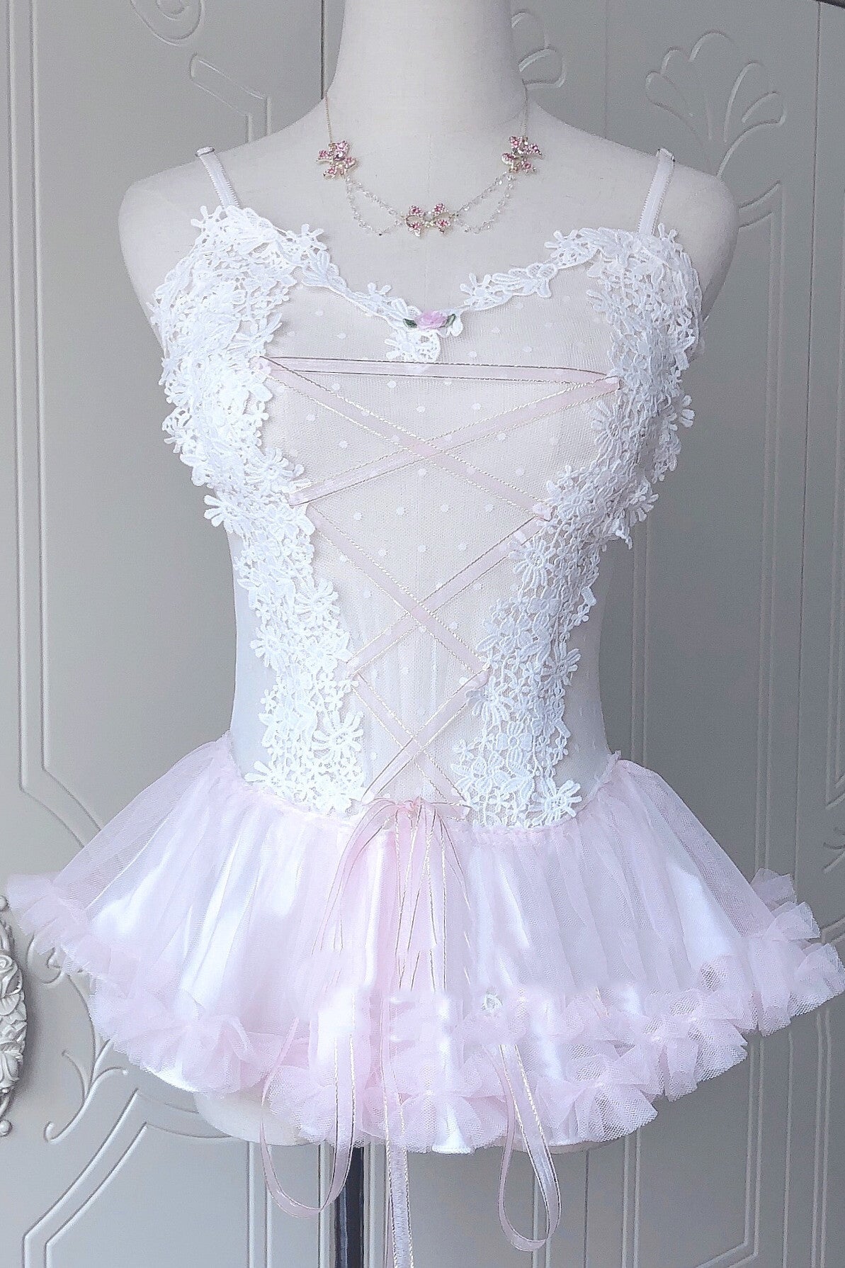 Sweet Lace Mesh Perspective One-piece Suit Hand-made Small Suspender Skirt