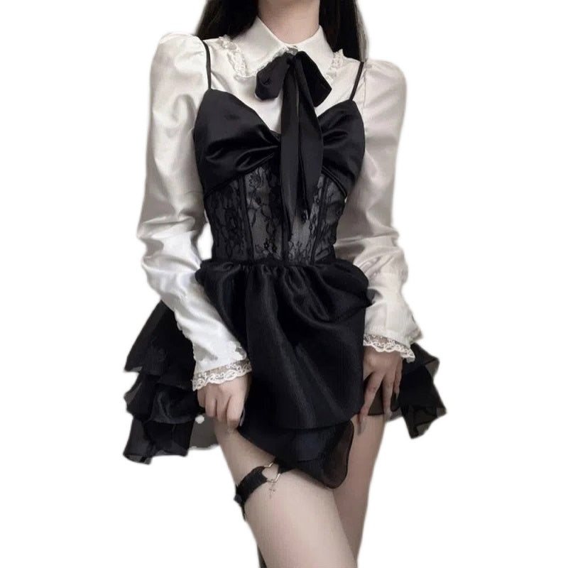 Women's Fashion Lace Halter Shirt Dress Set