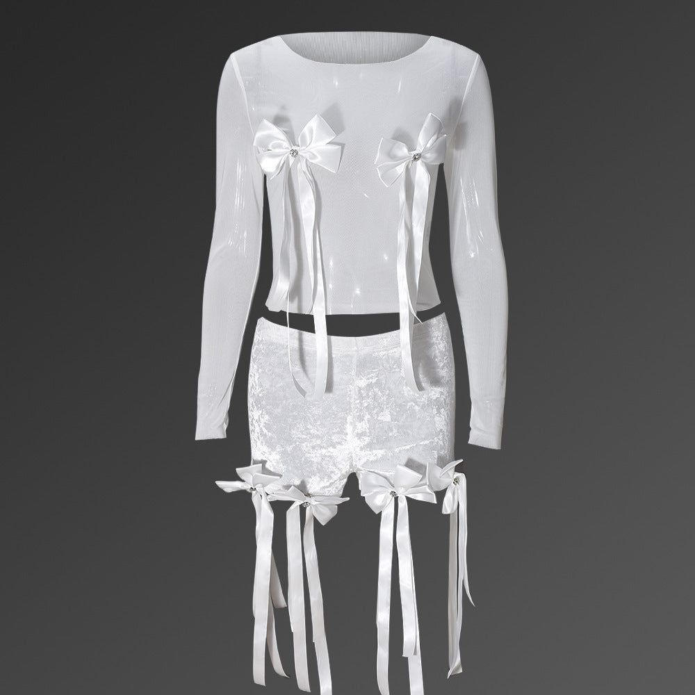 Sexy 3D Butterfly Printed Loose Top Lace Trendy Shorts Suit Women