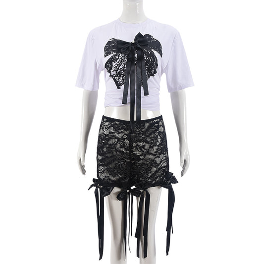 Sexy 3D Butterfly Printed Loose Top Lace Trendy Shorts Suit Women