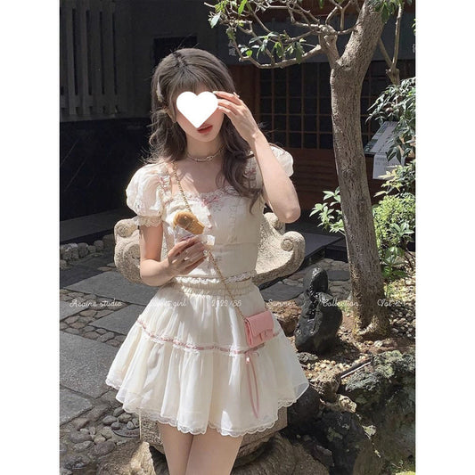 Female Sweet Square Collar Short Sleeve Top And Skirt Suit