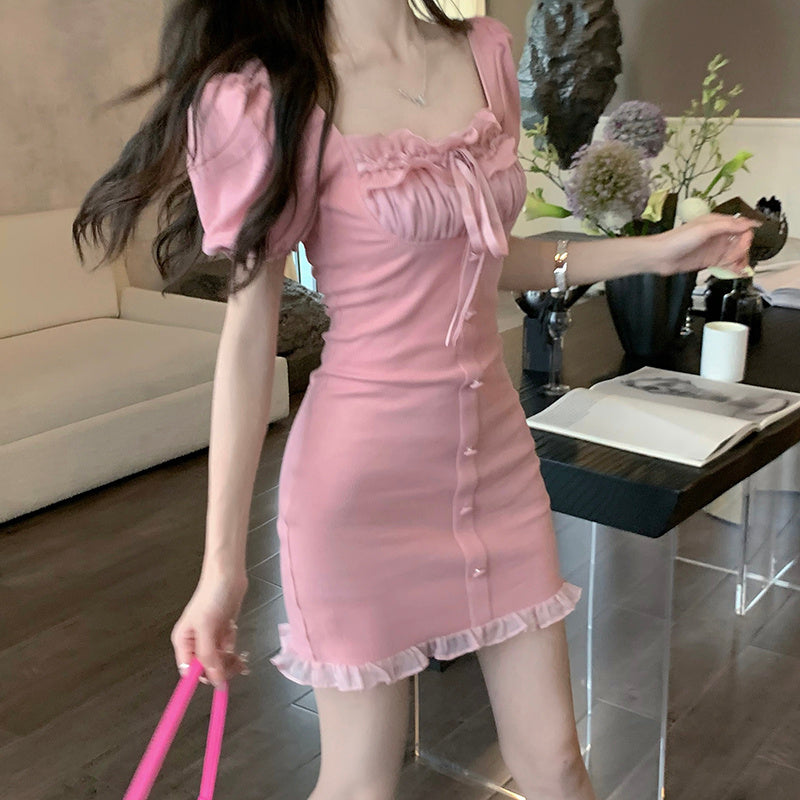 Women's Lace Collar Receive Waist Square Neck Thin Puff Sleeve Dress