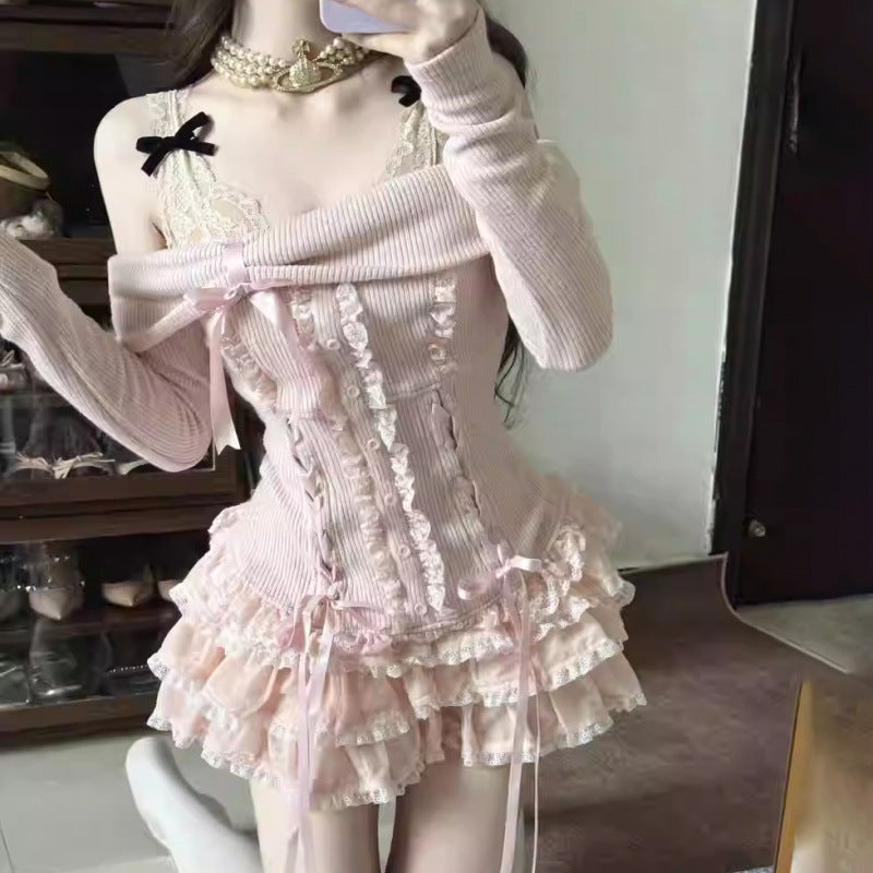 Skirt Pure Desire Style Sweet Bow Off-shoulder Long Sleeve Top Cake Short Skirt Girl Two-piece Set
