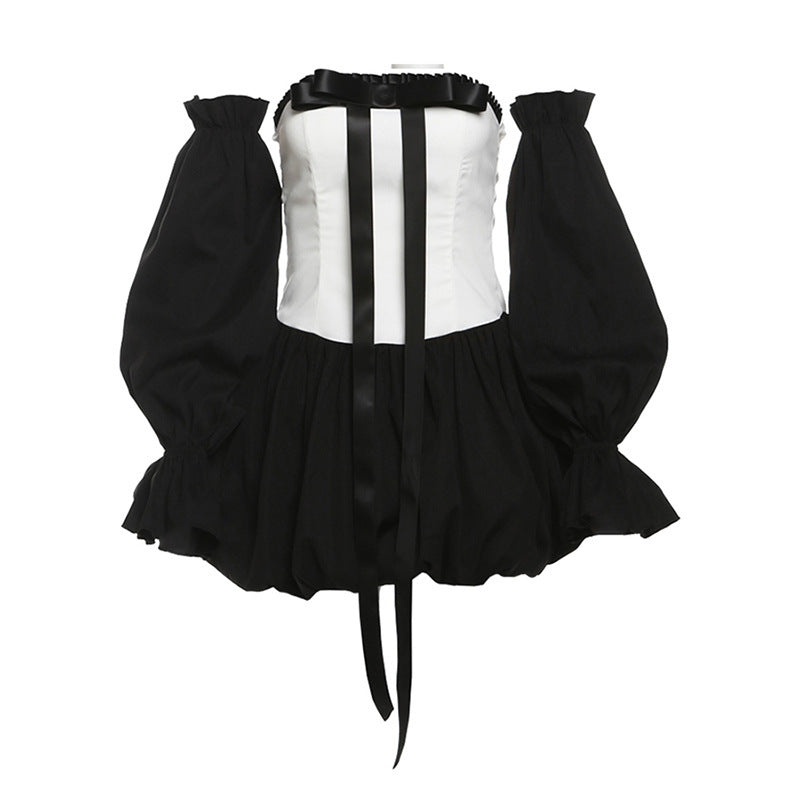 Contrast Color Fashion Hot Girl Bow Tube Top Cinched Waist Bud Skirt Dress