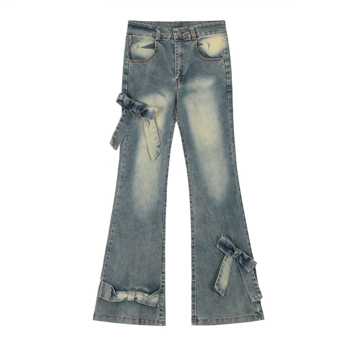 Real Shot American Retro Cute Bow Denim Trousers