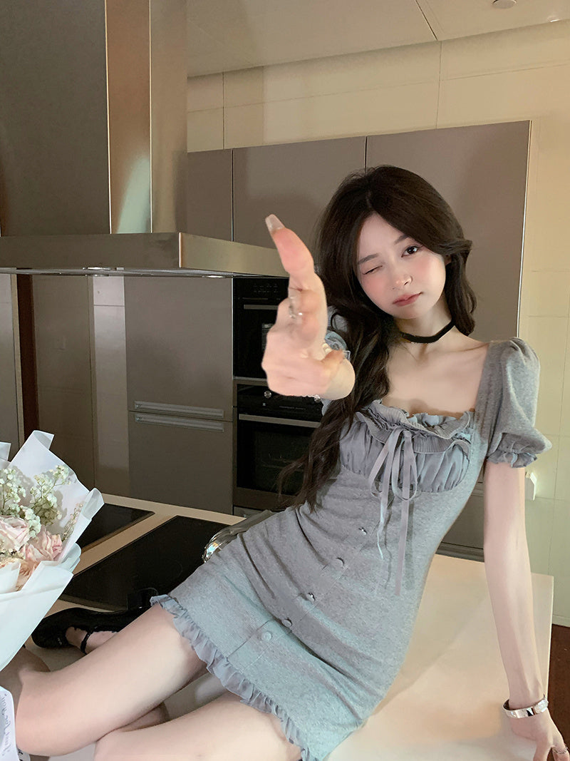 Women's Lace Collar Receive Waist Square Neck Thin Puff Sleeve Dress