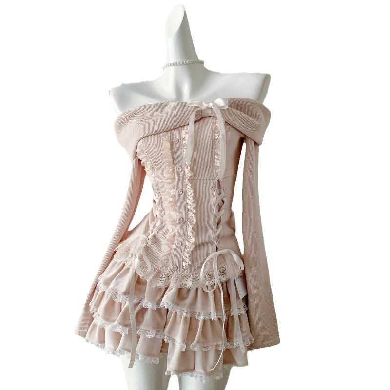 Skirt Pure Desire Style Sweet Bow Off-shoulder Long Sleeve Top Cake Short Skirt Girl Two-piece Set