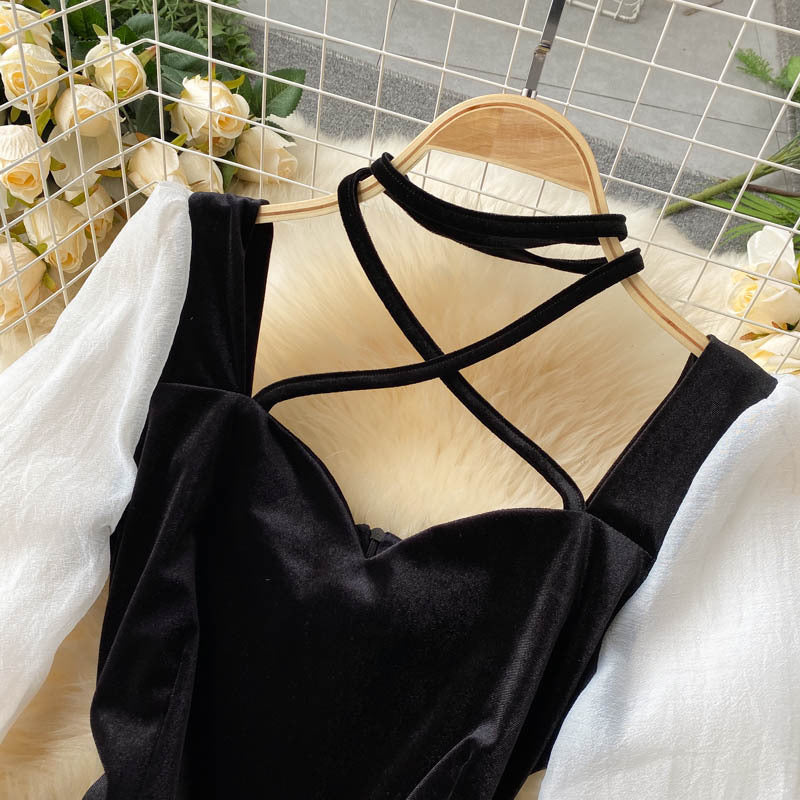 Puff Sleeves Contrast Stitching Scheming Hanging Neck Velvet Mini Dress