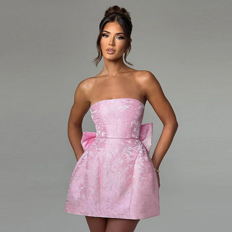 YJ24112 Summer 2024 New Fashion Style Elegant Sexy Jacquard Tube-shaped Bow Mini Dress Women