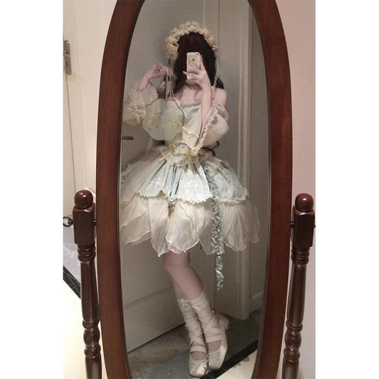 Green Bamboo Leaf Print New Chinese Ballet Style Elegant Fairy Lolita Skirt Lolita Princess Skirt Milky White