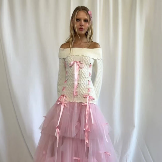 Spice Girl Off-shoulder Top Pure High-end Autumn Long-sleeved Ribbon Shoulder Bow Long-sleeved Knitted Top For Women