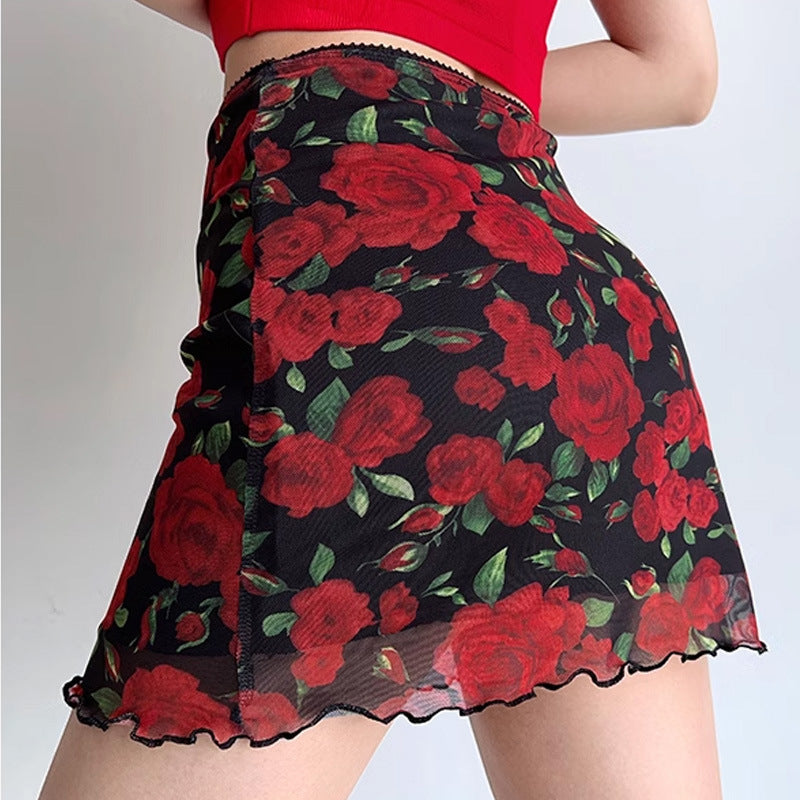 European And American Cross-Border Women's Summer New Red Rose Print Slim A-Line Skirt Pg2885