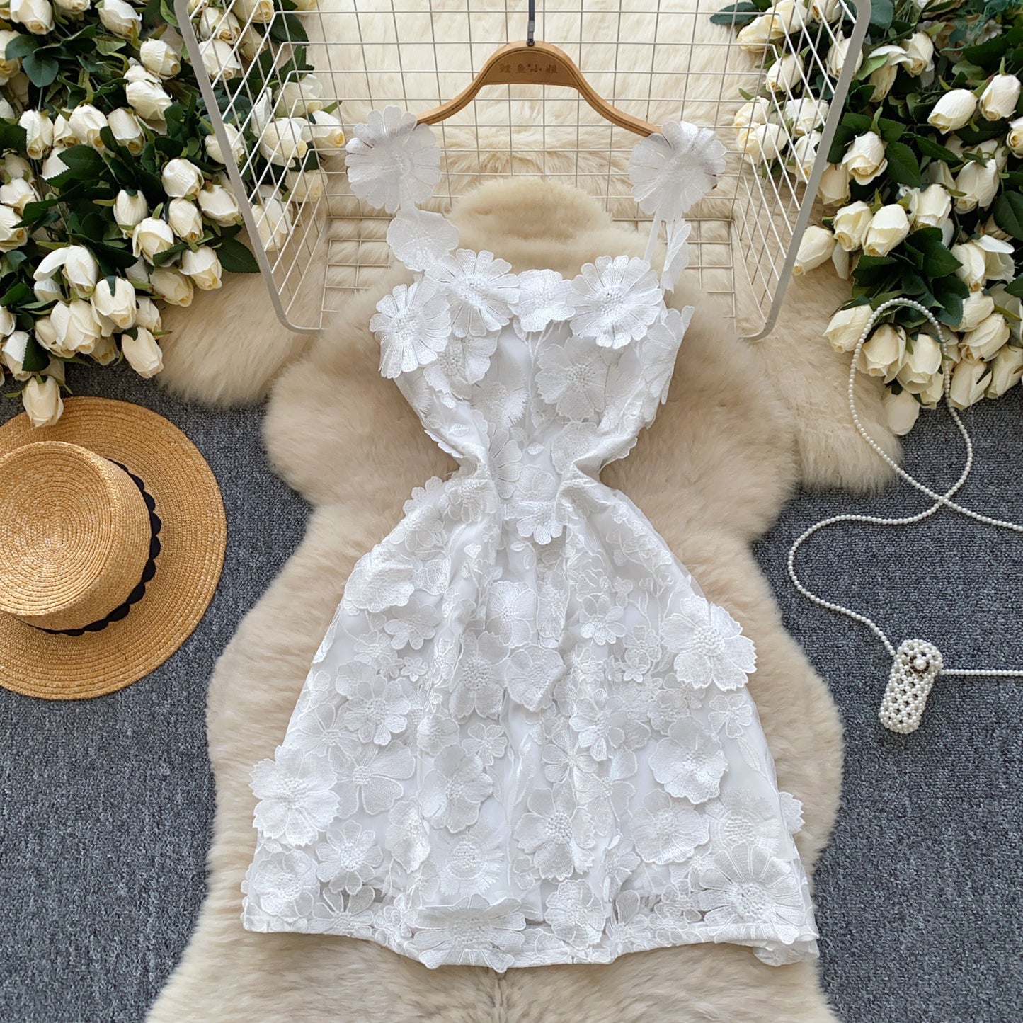 Foreign Trade Niche French Design Stereo Flower Mesh Embroider Waist Slim Suspender A-Line Dress Short Skirt