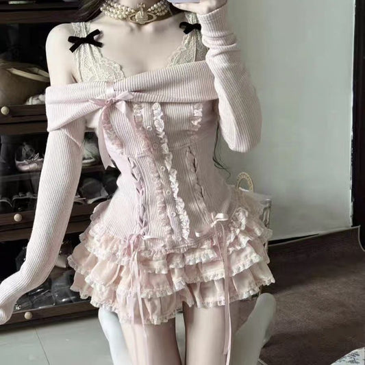 Girls' Generation Girly Sweet And Fragrant Soft Shoulder-Length Long-Sleeved Knitwear Top Cake Skirt Suit