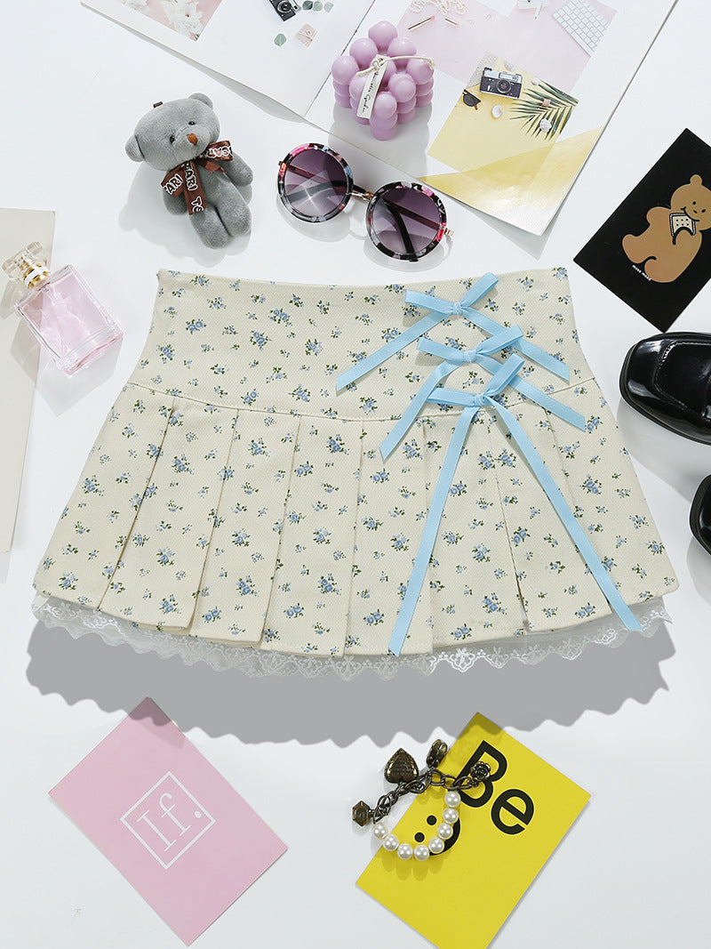 Pure Desire Style Little Man Floral Skirt Sweet Girl Lace-up Bow Short Skirt Anti-glare Pleated Overskirt 9372
