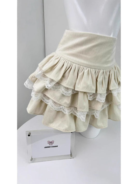Apricot Cake Skirt High Waist A- Line Skirt Lace Stitching Short Puffed Cake Skirt