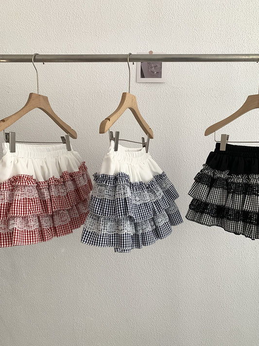 Omalai Plaid Cake Tutu Skirt High Waist Short Skirt Spliced With Lace Sweet And Cute Skirt 2376