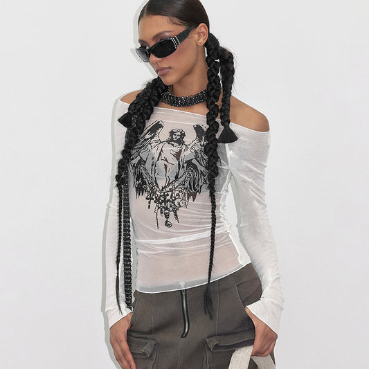 Y23TP642 European And American Cross-border Sexy Spice Girl Style Mesh Knitted Stitching Collar Printed Transparent Top Women's Clothing