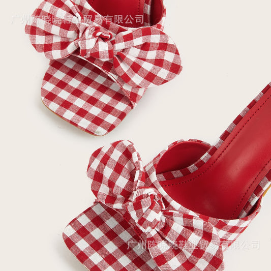 Red Plaid Spring And Summer Square Toe Big Bow Stiletto Heels