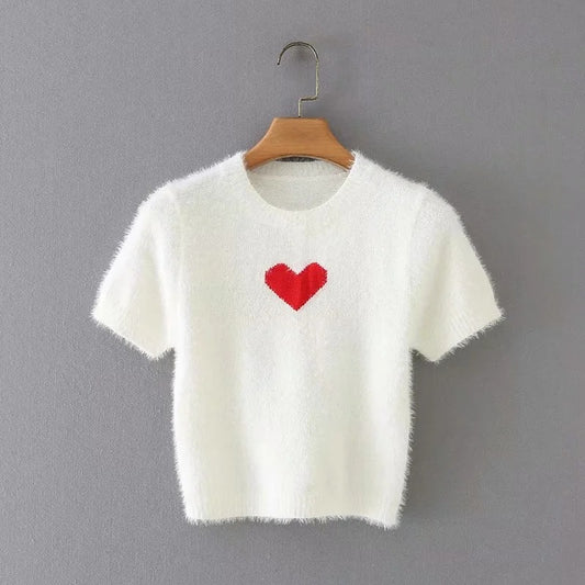Sw103 New Autum Korean Style Slim Round Neck Heart Jacquard Plush Short-Sleeved Pullover Knitwear With Heart On The Chest