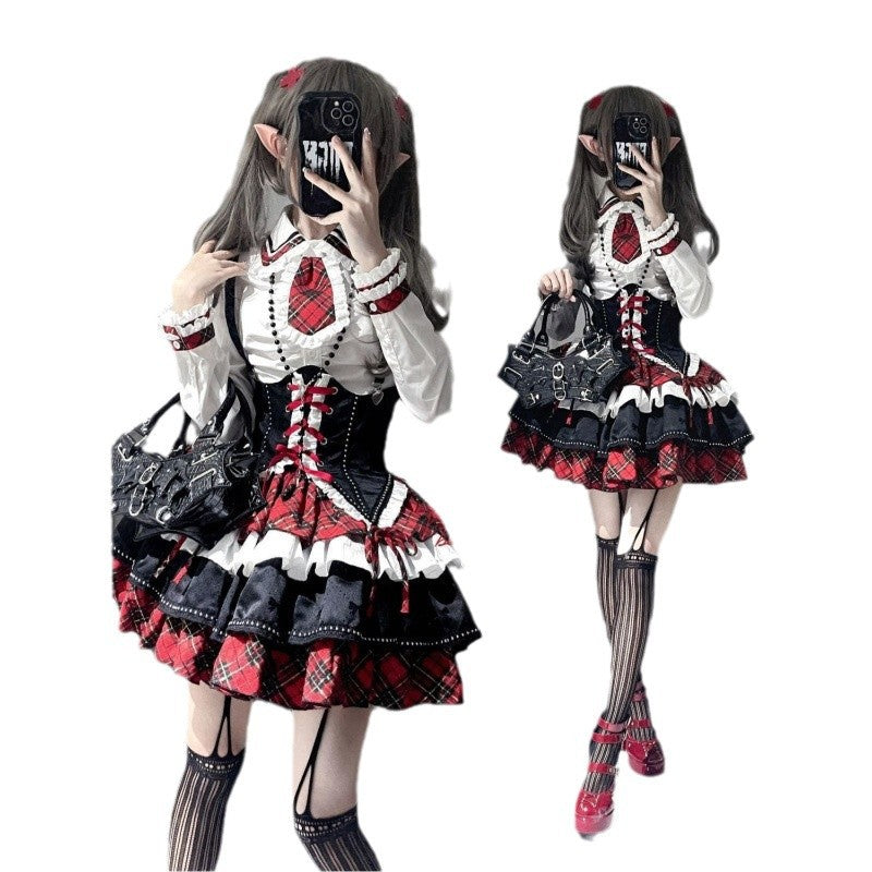 American Style Sweet And Spicy Sub-culture Style Heavy Industry Design Sense Contrast Shirt Belted High Waist Puffy Skirt Three-piece Set