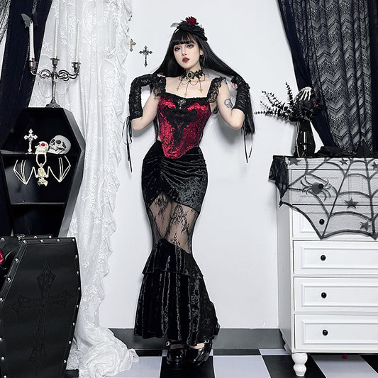 JY23585 Diablo Style New Sexy Perspective Spice Girl Long Dress Summer Elegant Suede Lace Stitching Women's Half Skirt