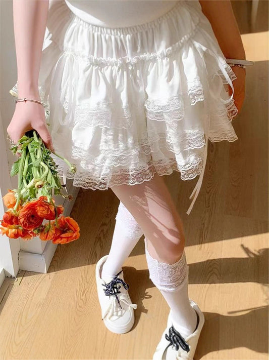 White Ballet Style Skirt For Women Spring And Summer New High-Waist Slim Lace Sweet Petite Fluffy Cake Skirt