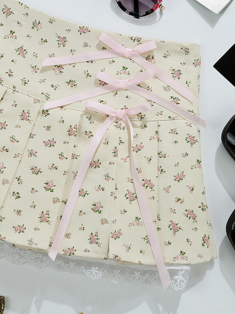 Pure Desire Style Little Man Floral Skirt Sweet Girl Lace-up Bow Short Skirt Anti-glare Pleated Overskirt 9372