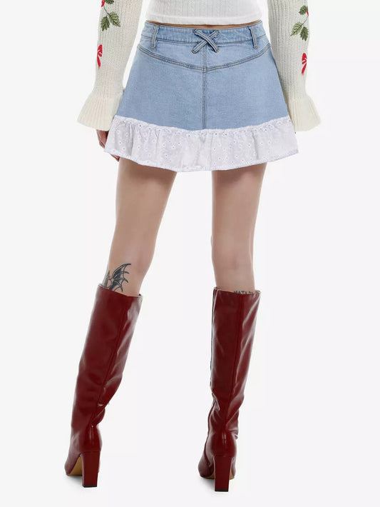 Cross-Border European And American Bow Lace Denim Skirt Sweet Splicing Skirt Xiyin Ozon Walmart Tk Spot