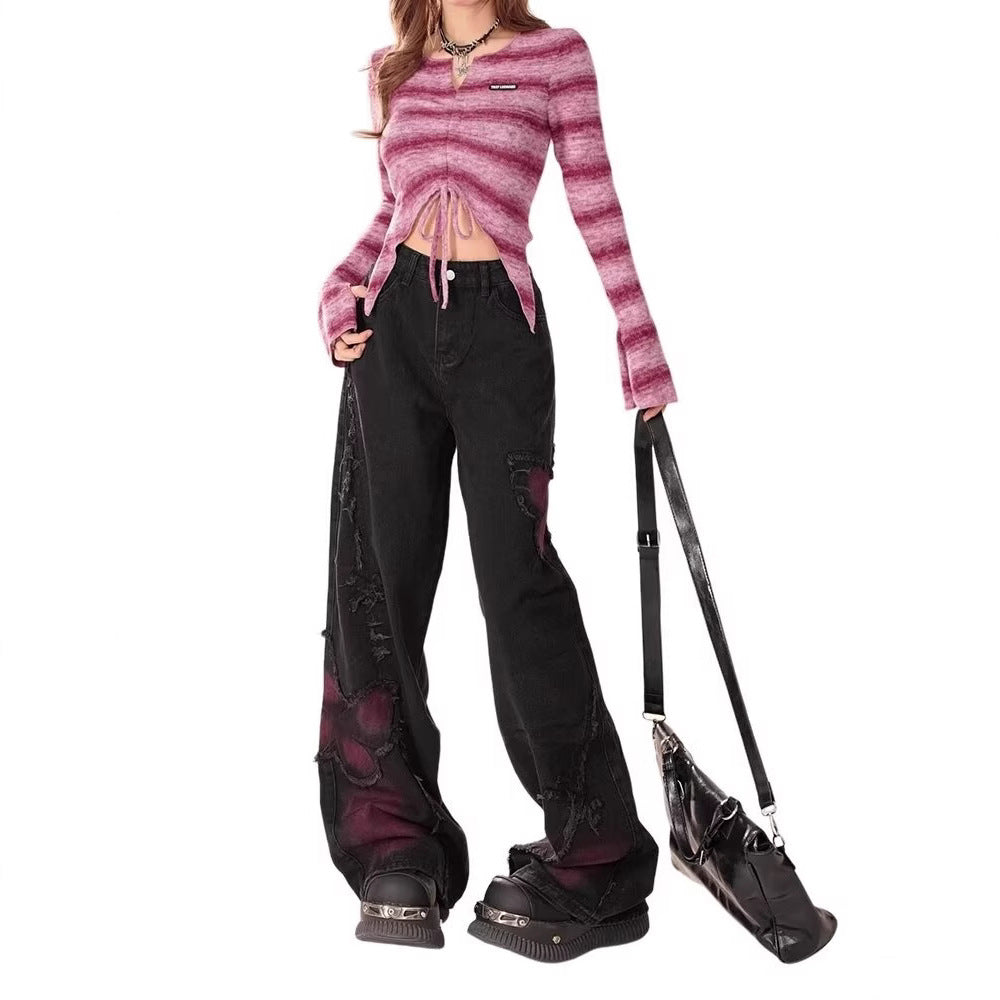 Black Sweet Cool Jeans Women's Spring And Autumn New Washed Old Woolen Wide Leg Pants Butterfly Pattern Design Sense Pants