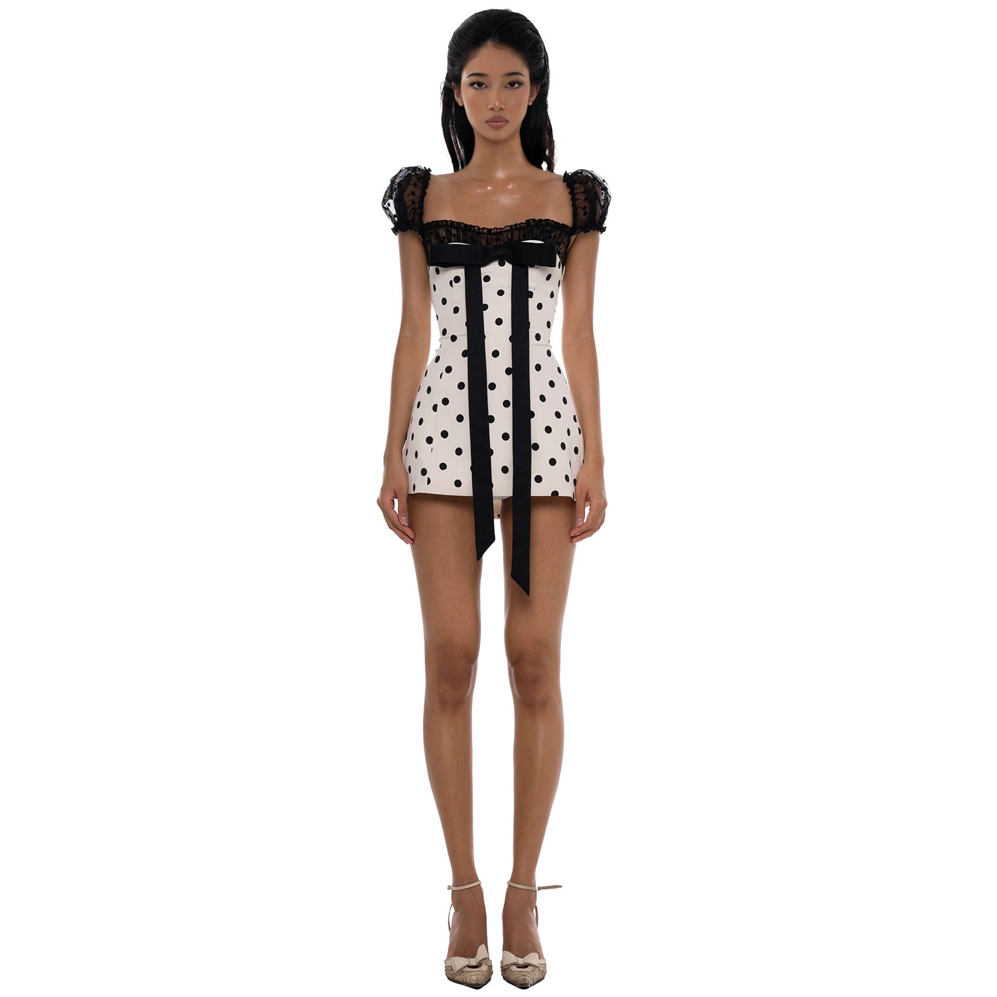 Ins European And American Style 2025 Summer New Sexy Square Neck Bow Mesh Slim Slimming Look Polka Dot Dress For Women