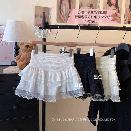 Ballet Style White Lace Cake Skirt Puffy Skirt Women's Summer A- Line Skirt Small Princess Short Skirt Women's