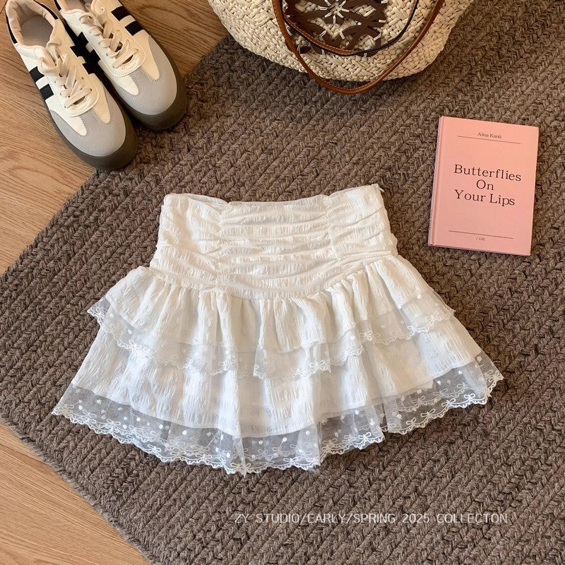 Ballet Style White Lace Cake Skirt Puffy Skirt Women's Summer A- Line Skirt Small Princess Short Skirt Women's