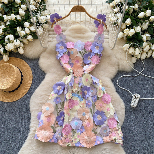 Foreign Trade Niche French Design Stereo Flower Mesh Embroider Waist Slim Suspender A-Line Dress Short Skirt