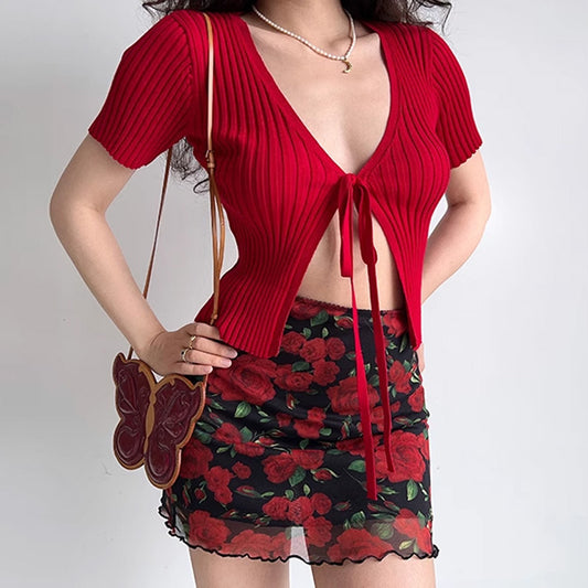 European And American Cross-Border Women's Summer New Red Rose Print Slim A-Line Skirt Pg2885