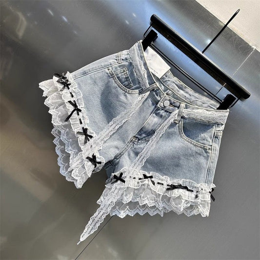 Spring And Summer 2025 New Lace Stitching Bow Decoration Denim Shorts Women's Slim-fit Slimming A- Shaped Wide-leg Hot Pants