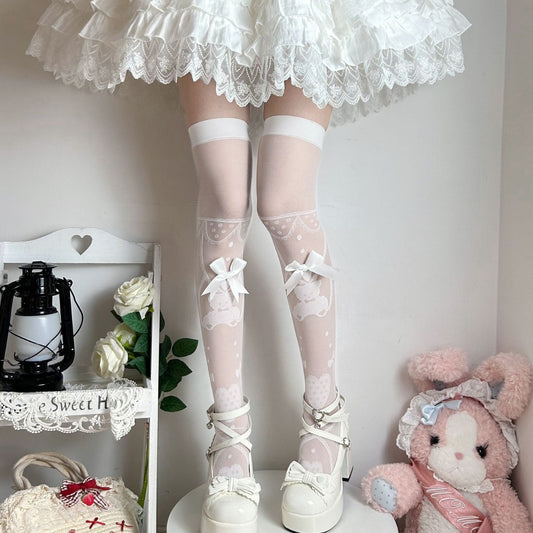 Sweet Thin Stockings Lolita Bow Print Socks Lolita Stockings High Knee Socks