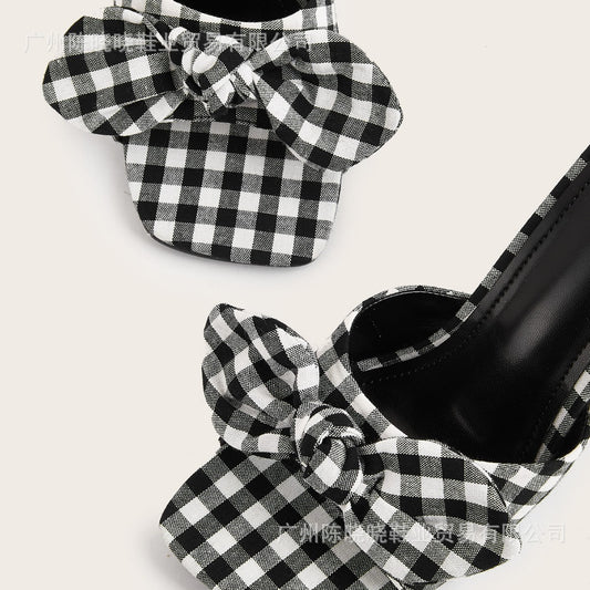 Black Plaid Spring And Summer Square Toe Big Bow Stiletto Heels