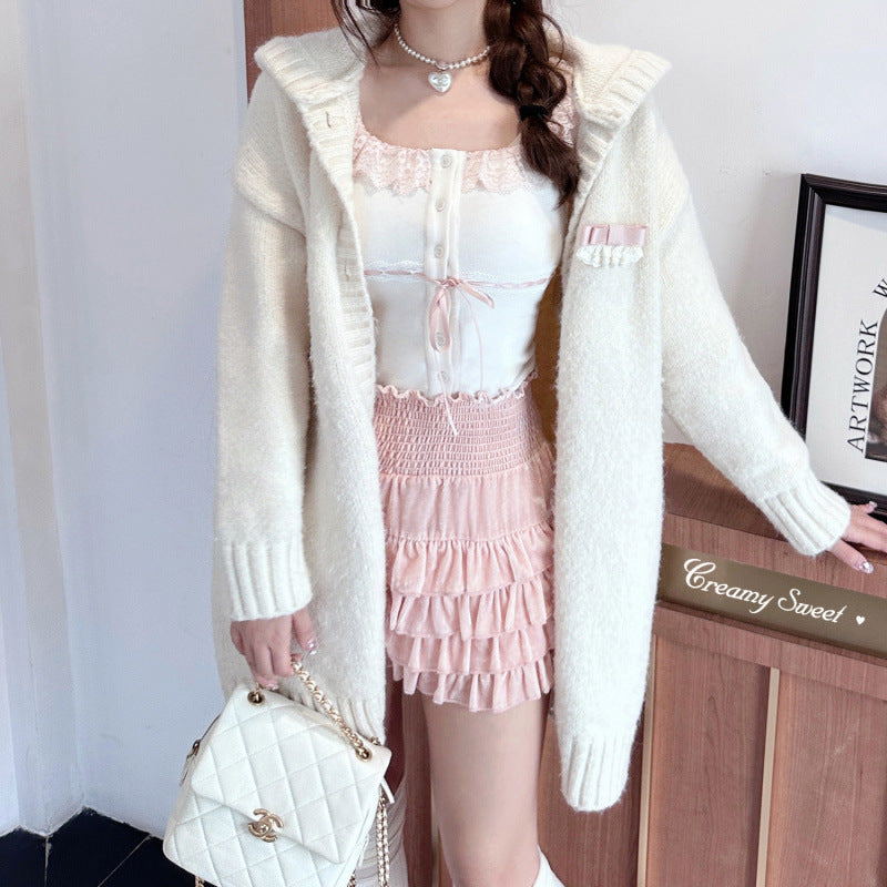 Sweet Velvet Puffy Skirt Women's High Waist Cake Skirt Lace U-Neck White Inner Base Shirt Pure Top