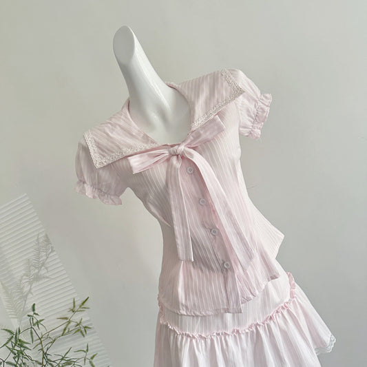 Love Summer Bow Lapel Waist Top Lace Skirt Summer Suit