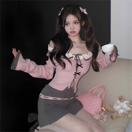 2024 Autumn Color Hanging Neck Knitted Cardigan Sweater Doll Collar Women's Autumn Sexy Spice Girls Lace-up Slim Fit Suit