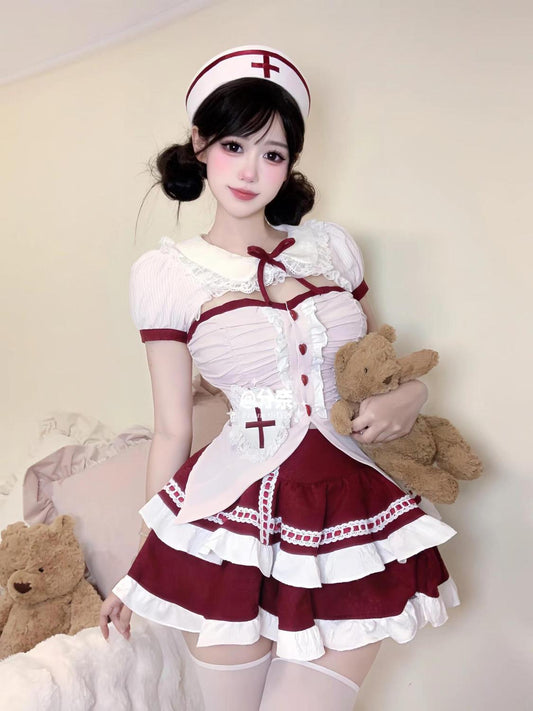 Sweet And Cute Girly Doll Style Ruffled Pleated Waist Top High Waist Slimming Look Cake Skirt Two-Piece Set