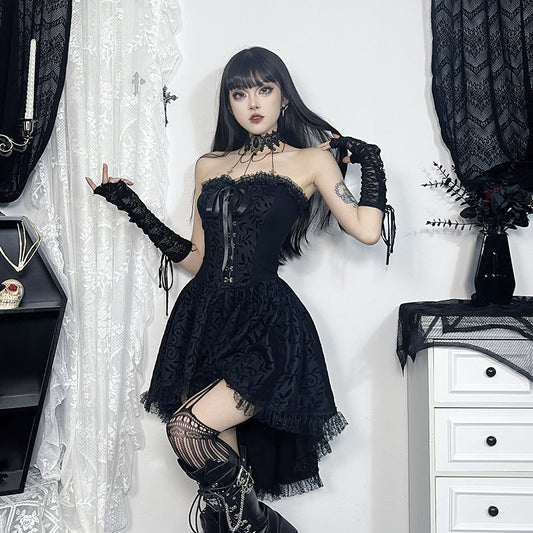 CF24221 Bow Lace Waist Tube Dress 2024 New Dark Fashion Trailing Skirt For Women