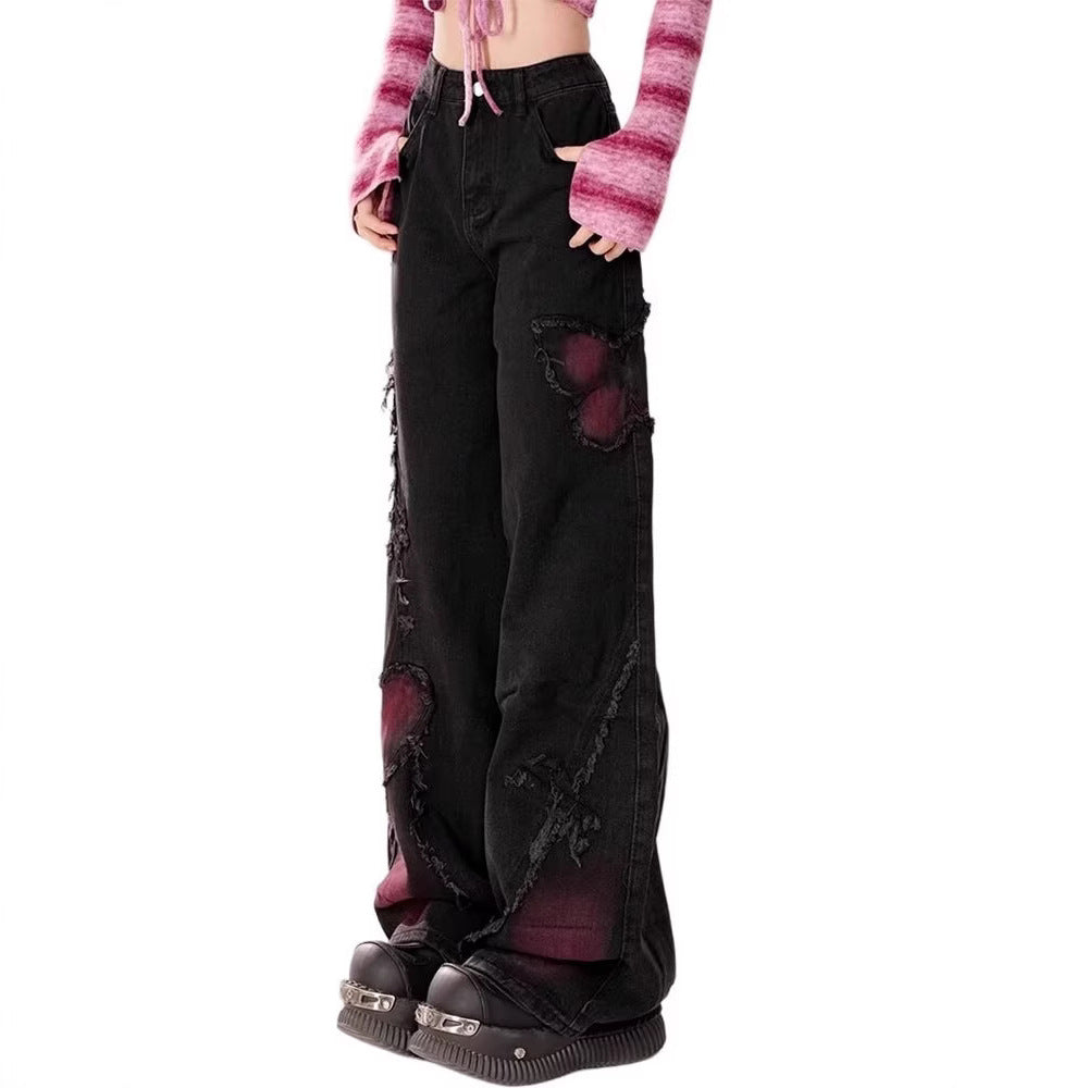 Black Sweet Cool Jeans Women's Spring And Autumn New Washed Old Woolen Wide Leg Pants Butterfly Pattern Design Sense Pants