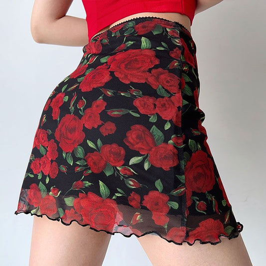 Summer All-match Design Sense American Style Retro High Waist A- Line Skirt Rose Short Wood-ear Edge Printed Half-length Skirt Trendy